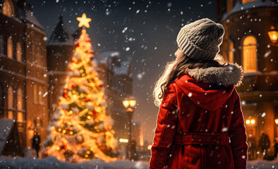 Side profile of a girl standing by a Christmas tree in the city, snow in the town square.