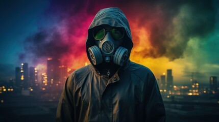 Person wearing hoody and gas mask against industrial factory smoke background