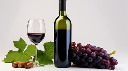 Red wine bottle with wine grapes on white background,