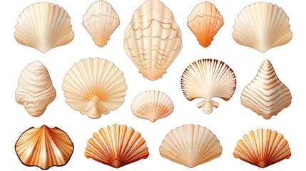 Set of Seashells Isolated on Transparent or White Background, PNG