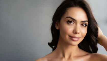 Naklejka premium Portrait beautiful perfect woman with beautiful and perfect skin, cosmetics, skincare, makeup, wellness concept with empty copy space for text