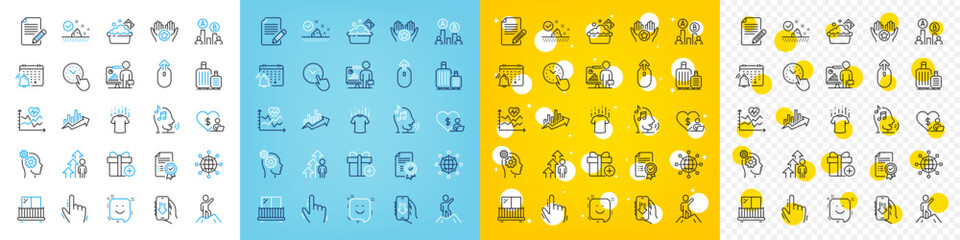 Vector icons set of Volunteer, Cursor and Teacher line icons pack for web with Notification calendar, Time management, Cardio training outline icon. Ab testing, Add gift, Thoughts pictogram. Vector