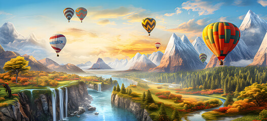 Hot air balloon flight over a picturesque landscape and river