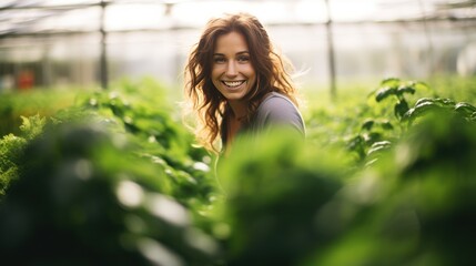 Smile, greenhouse and portrait woman on vegetable farm for sustainable business, - obrazy, fototapety, plakaty