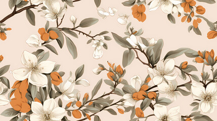 Serene floral seamless pattern showcasing delicate white blossoms and copper leaves