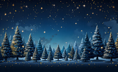 Christmas and New Year greeting card with Christmas trees on a blue sky background