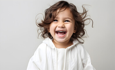 Portrait of a laughing child in white clothes on a white background