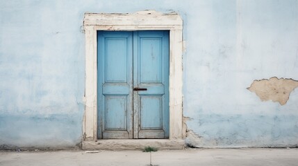 The dilapidated wall of the building and the wooden door require major repairs. Facade of a house with damaged plaster. Photophone for retro shooting. Illustration for cover, card, interior design.
