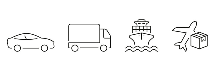 Transport Mode For Delivery Line Icon Set. Shipping Vehicle Symbol Collection. Car, Truck, Ship, Airplane Linear Pictogram. Shipment Outline Sign. Editable Stroke. Isolated Vector Illustration