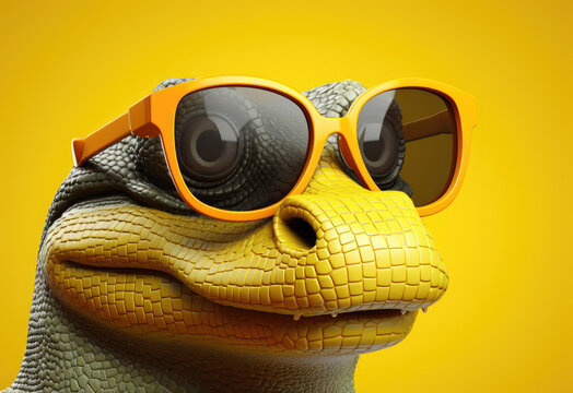Cute crocodile with glasses on yellow background closeup. Humorous image of crocodile. Illustration for graphic design and advertising.
