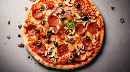 Top-down view Tasty pepperoni pizza with mushrooms and olives on a light concrete background,