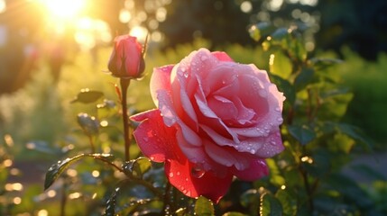 A dew-kissed rose at sunrise in a lush garden.