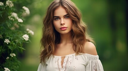 Close-up portrait of a young beautiful woman on the background of nature. A girl enjoying a summer day. Natural female beauty. Beautiful feminine image. Illustration for cover, card, interior design.