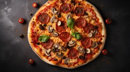Top-down view Tasty pepperoni pizza with mushrooms and olives on a light concrete background,