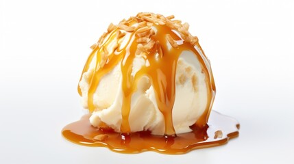 Vanilla ice cream ball with caramel syrup on white background, 