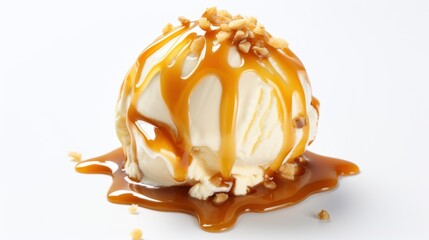 Vanilla ice cream ball with caramel syrup on white background, 