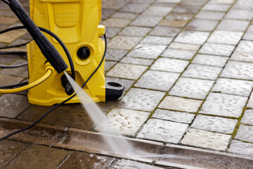 Washing Service of Pavement Paving Stones. High Pressure Cleaning Street Road. Clean Concrete...