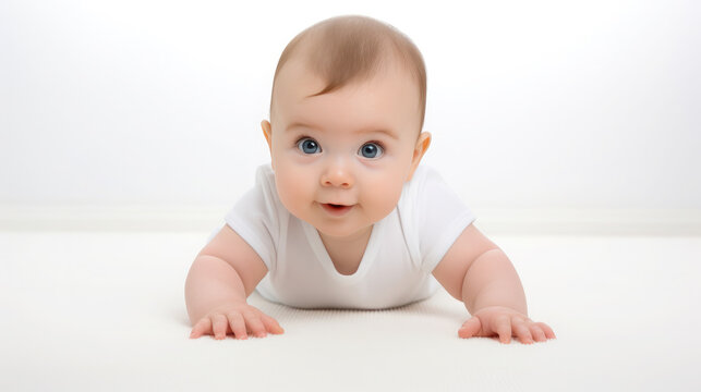 cute little baby with big clear eyes on all fours on a white background, child, kid, childhood, early development, European, portrait, face, emotion, smile, close-up, nursery, kindergarten