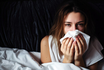 woman in bed with sick and a cold using tissues, selective focus