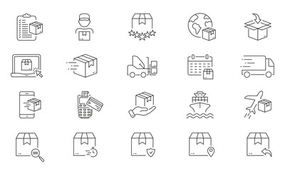 Logistic and Distribution Line Icon Set. Cargo Delivery Sign. Parcel Box Transportation Linear Pictogram. International Merchandise Outline Symbol. Editable Stroke. Isolated Vector Illustration