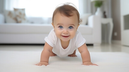 Fototapeta premium cute little baby with big clear eyes on all fours on a white background, child, kid, childhood, early development, European, portrait, face, emotion, smile, close-up, nursery, kindergarten