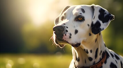 Close-up portrait of a Dalmatian with space for text, background image, AI generated