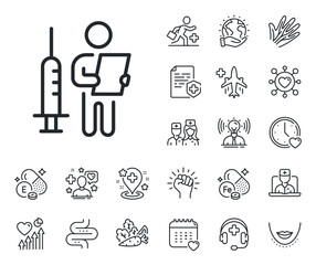 People vaccine syringe sign. Online doctor, patient and medicine outline icons. Vaccination announcement line icon. Injection jab symbol. Vaccination announcement line sign. Vector - obrazy, fototapety, plakaty