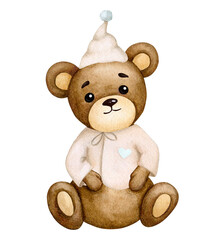 Cute baby bear in pajamas. Boy. Watercolor children's illustration. Baby shower, birthday, children's party. Design element for invitations, cards, packaging, greeting cards, logos, labels, etc.
