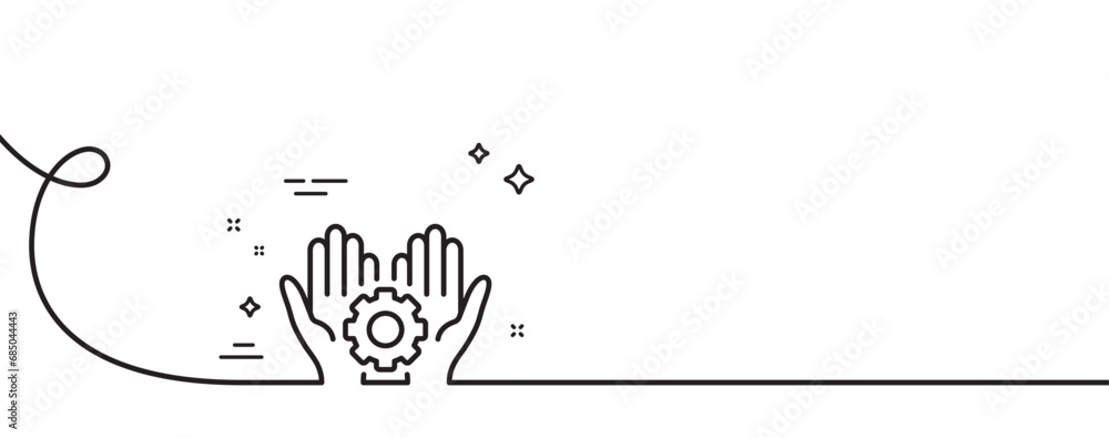 Poster employee hands line icon. continuous one line with curl. work gear sign. development cogwheel symbol