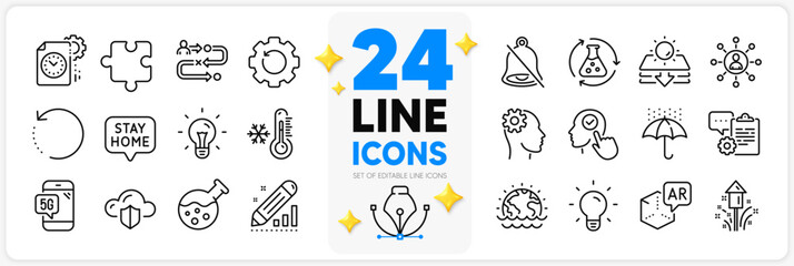 Icons set of Waterproof umbrella, Networking and Augmented reality line icons pack for app with Fireworks, Idea, Project deadline thin outline icon. 5g phone, Sun protection. Vector
