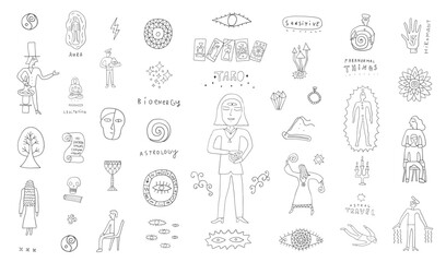 Mystic fortune-telling , extrasensory perception ,secret knowledge magic guru meditation esoterics signs doodles ,
 hand drawm vector sketch elements
