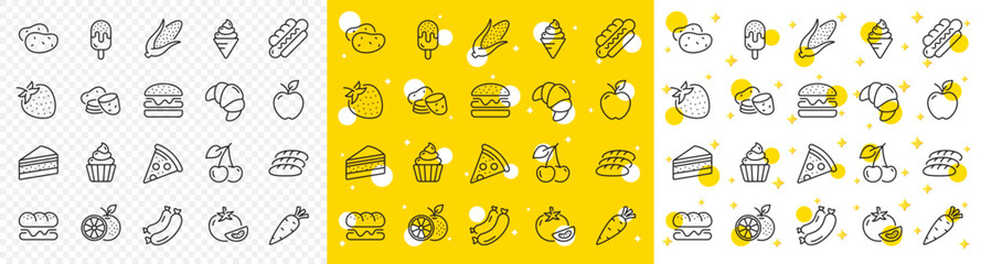 Vegetables, Fruits and Sweet Desserts icons. Food line icons. Potato slices, corn and fresh carrot. Strawberry, Apple and Orange. Cake, Ice cream and Cupcake icon. Pizza, burger and hotdog. Vector - obrazy, fototapety, plakaty