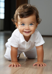 Fototapeta premium cute little baby with big clear eyes on all fours on floor in the room, child, kid, childhood, early development, European, portrait, face, emotion, smile, close-up, nursery, kindergarten, home, shirt
