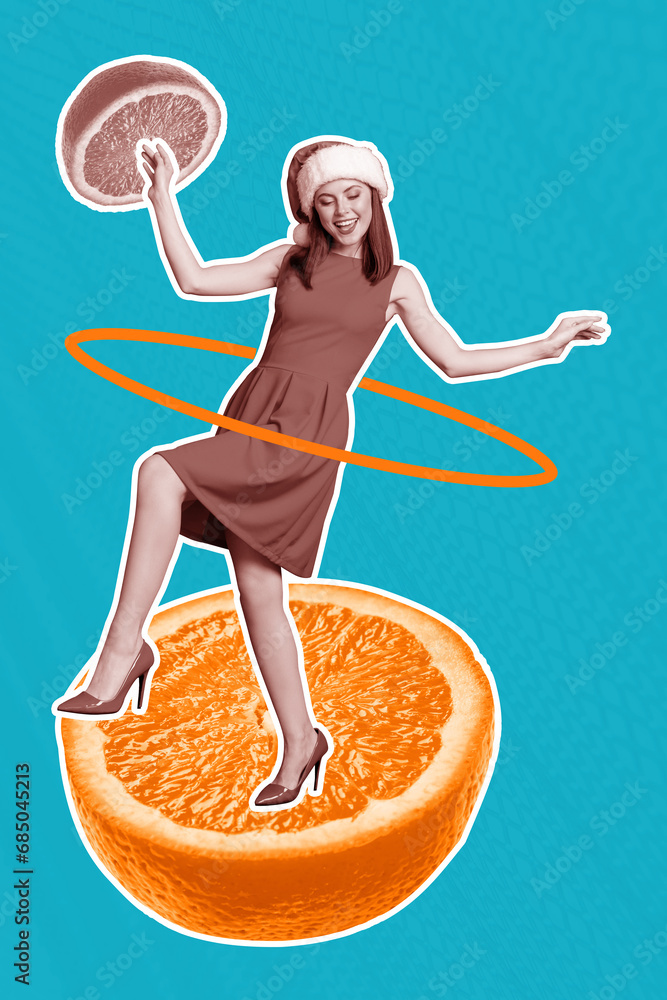 Poster vertical collage picture of positive black white colors mini girl dancing big orange fruit enjoy chr