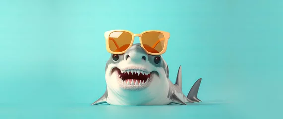 Fotobehang Shark Character Wearing Sunglasses, blue background © MADNI