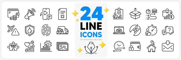 Icons set of Quick tips, Reject file and Question mark line icons pack for app with Salary, Online delivery, Wallet thin outline icon. Home, Incoming mail, Seo graph pictogram. Inspect. Vector