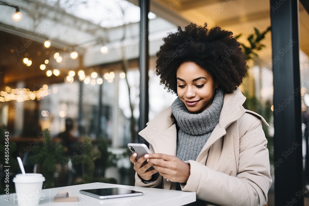 Wall mural young woman using smartphone for online shopping in a coffee shop