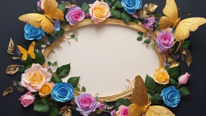 colorful pastel rose round frame and golden butterfly