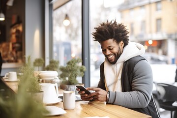 Happy male student sitting in a coffee shop, using a smartphone - Powered by Adobe