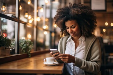 Young woman using smartphone for online shopping in a coffee shop - obrazy, fototapety, plakaty