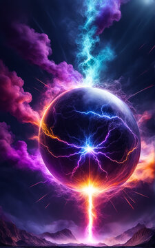 Multicolored neon ball with smoke. Dark background. Space view. AI