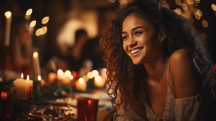 A joyful woman with curly hair smiles warmly at a festive gathering, the candlelight casting a soft glow on her face