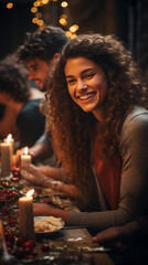 Obraz na płótnie Canvas Curly-haired woman enjoys a festive dinner, her laugh lighting up the candlelit ambiance