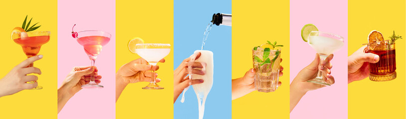 Collage. Different types of alcohol beverages on multicolored bright backgrounds. Margarita, pink...