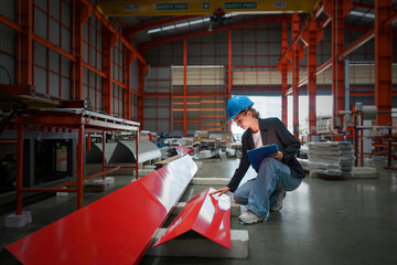 A worker is attentively examining a brightly colored red sheet of metal at her workstation in a factory setting.