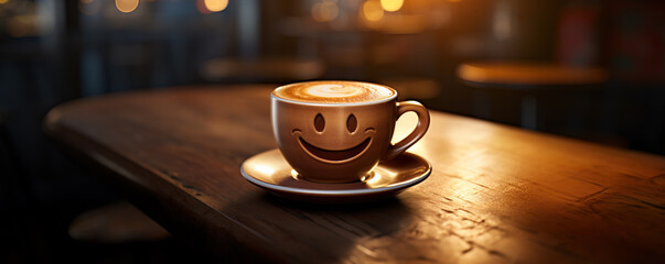Banner shot of cappuccino coffee with happy smiley face - obrazy, fototapety, plakaty