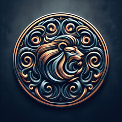 3d lion logo carving and engraving on dark background
