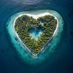 Island in a heart shape form in the middle of the ocean sea, earth day, global warming, mother earth