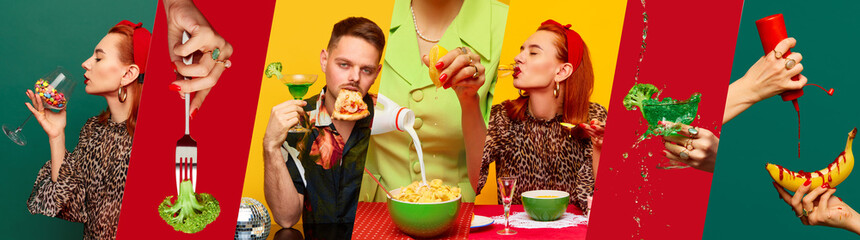 Collage. Young man and woman in stylish clothes tasting different food against multicolored...