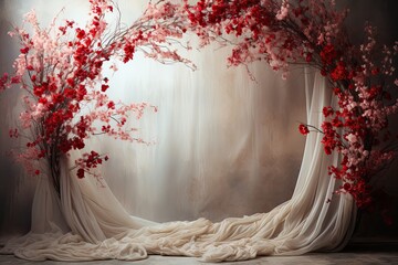 Maternity backdrop, Wedding backdrop, photography background, maternity props, Light hoop weaved with red flowers, white flowers, elegant wall background, flowing white satin drapes, backdrop,  - obrazy, fototapety, plakaty